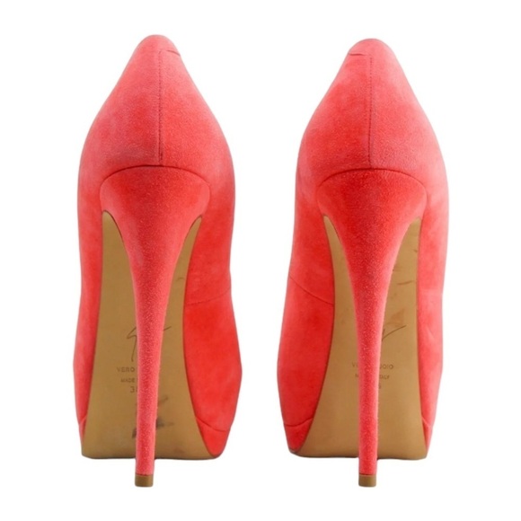 Giuseppe Zanotti Coral Pink Suede Sharon Peep Toe Platform Pumps Size 38.5 - Picture 4 of 5